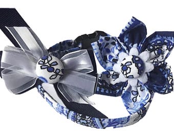 Blue Floral Paisley Girl Dog or Cat Collar with Matching Flower or Ribbon Bow- Leash, Buckle & Name Personalization Upgrades