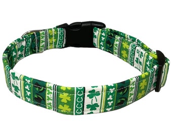 St Patricks Day Striped Shamrock Collar for Dogs and Cats-  Green and White Pet Neck Wear  -  Buckle, Breakaway or Martingale  Available