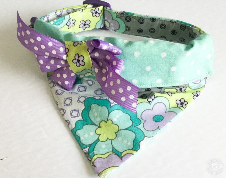 Mint Green and Purple Floral Dog or Cat Bandana With Side Bow for