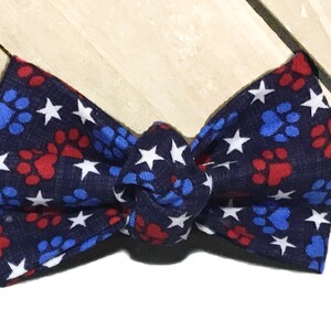 Blue Patriotic Paw Print Dog Bow Tie Collar with White Stars, Red & Blue Paw Prints Leash Upgrade 4th of July Memorial Day image 3