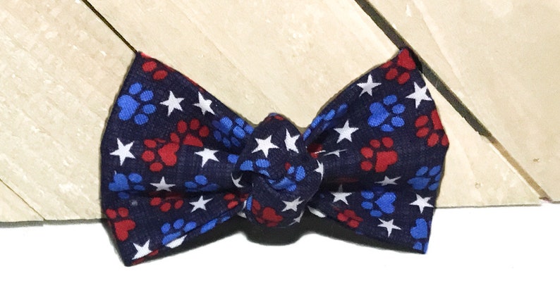 Blue Patriotic Paw Print Dog Bow Tie Collar with White Stars, Red & Blue Paw Prints Leash Upgrade 4th of July Memorial Day image 3