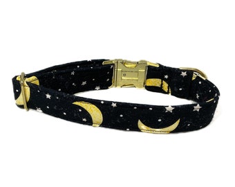 Celestial Dog & Cat Collar with Charm - Black Buckle- Black with Yellow Moons, White Stars- Metal Upgrade- Martingale Option