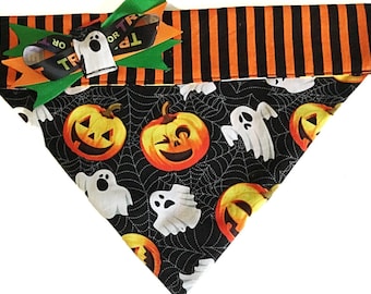 Ghosts and Pumpkins Halloween Bandana for Dogs and Cats with Side Bow & Embroidered Name Option /Over the Collar Halloween Bandana//