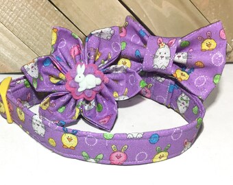 Purple Easter Flower or Bow Tie Collar for Dogs & Cats with Bunnies, Eggs and Chicks -Standard Yellow Buckle Collar or Slip on Martingale -