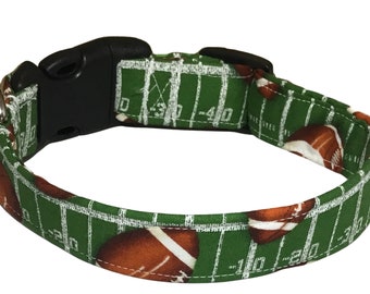 Football Dog or Cat Collar with Black Buckle or Martingale- White & Brown Footballs on Green -Embroidered Name Upgrade- Custom Made Collars