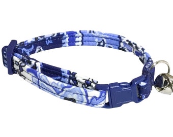 Blue and White Floral Paisley Breakaway Cat Collar with Bell -Matching Flower or Bow tie Option -Buckle Color Option