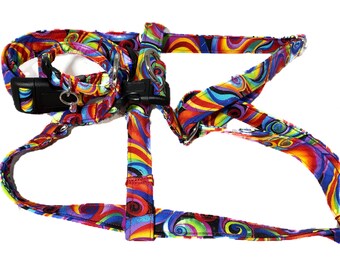Rainbow Swirl Step In Dog Harness - Black Buckle - Multi Colored Swirls on Black- Leash, Flowers, Bow Tie Upgrades - Custom Made for Pet