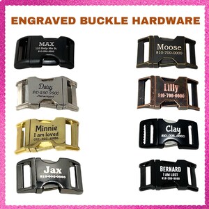a collection of engraved buckle hardware, including buckles with personalized names and contact information.