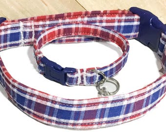 Red, White, & Blue Plaid Dog or Cat Collar with Bracelet for Pet Owner, Friendship Bracelet, Wrist Bracelet and Collar, Gift for Pet Owner