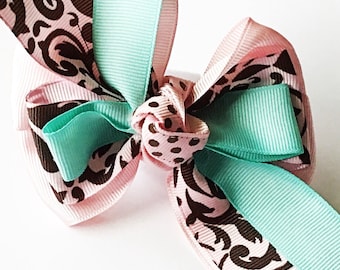 Pink Brown & Aqua Collar Bow for Girl Dog or Cat