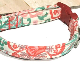 Aqua & Red Floral Dog or Cat Collar with Red Buckle