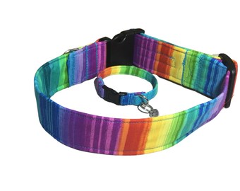 Rainbow Striped Dog or Cat Collar &  Charm Bracelet for Yourself with Black Buckle or Martingale Style / Collar Bracelet Gift Set