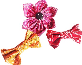 Bandana Bow Tie or Flower for Dogs and Cats -Choice of Pink, Orange or Red Bow - Attachable Accessory for Collar- Leash Upgrade