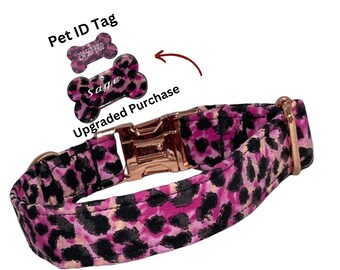 Pink & Black Leopard Print Collar for Dog or Cat- Black Buckle or Martingale - Name Personalization, Pet ID Tag, Metal Buckle, Leash Upgrade