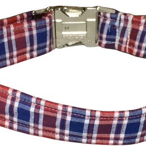 Red White Blue Plaid Engraved Collar for Dogs Plastic or Silver, Gold, Black Metal Engraved Buckles image 3
