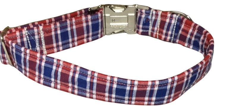 Red White Blue Plaid Engraved Collar for Dogs Plastic or Silver, Gold, Black Metal Engraved Buckles image 3