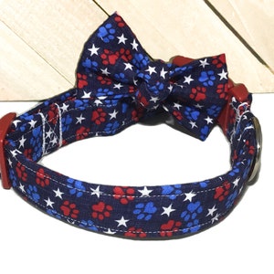 Blue Patriotic Paw Print Dog Bow Tie Collar with White Stars, Red & Blue Paw Prints Leash Upgrade 4th of July Memorial Day image 2