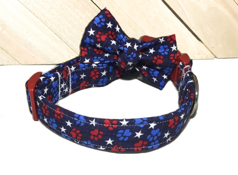 Blue Patriotic Paw Print Dog Bow Tie Collar with White Stars, Red & Blue Paw Prints Leash Upgrade 4th of July Memorial Day image 2