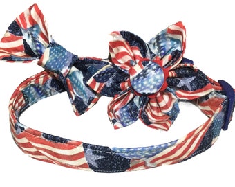 Patriotic Flag Collar & Bow for Male or Female Dogs and Cats with Red White and Blue Stars and Stripes- Buckled or Martingale - July 4th