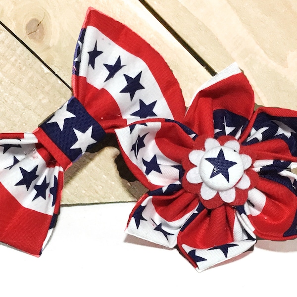 Red White Blue Patriotic Flower or Bow Tie for Dog or Cat Collar with Stars & Stripes- Attachable Collar Accessory- 4th of July-Custom Made