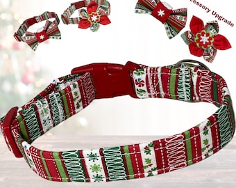 Red & Green Striped Christmas Collar for Dogs and Cats - Hand Made Pet Accessory-Buckle, Breakaway, Martingale Available