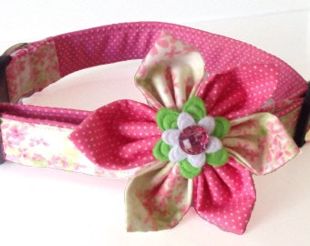 Pink Floral Dog & Cat Flower Collar Set with Black Buckle or Metal Buckle Upgrade - Floral Martingale or Leash Upgrade