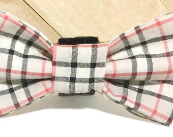 Beige Black and Red Plaid Attachable Bow Tie for Male Dog or Cat Collar / XXS-XL Bowtie
