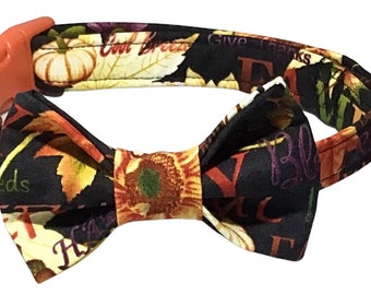 Fall Thanksgiving Collar and Bow tie Set for Dogs and Cats with Sunflowers Pumpkins and Greenery