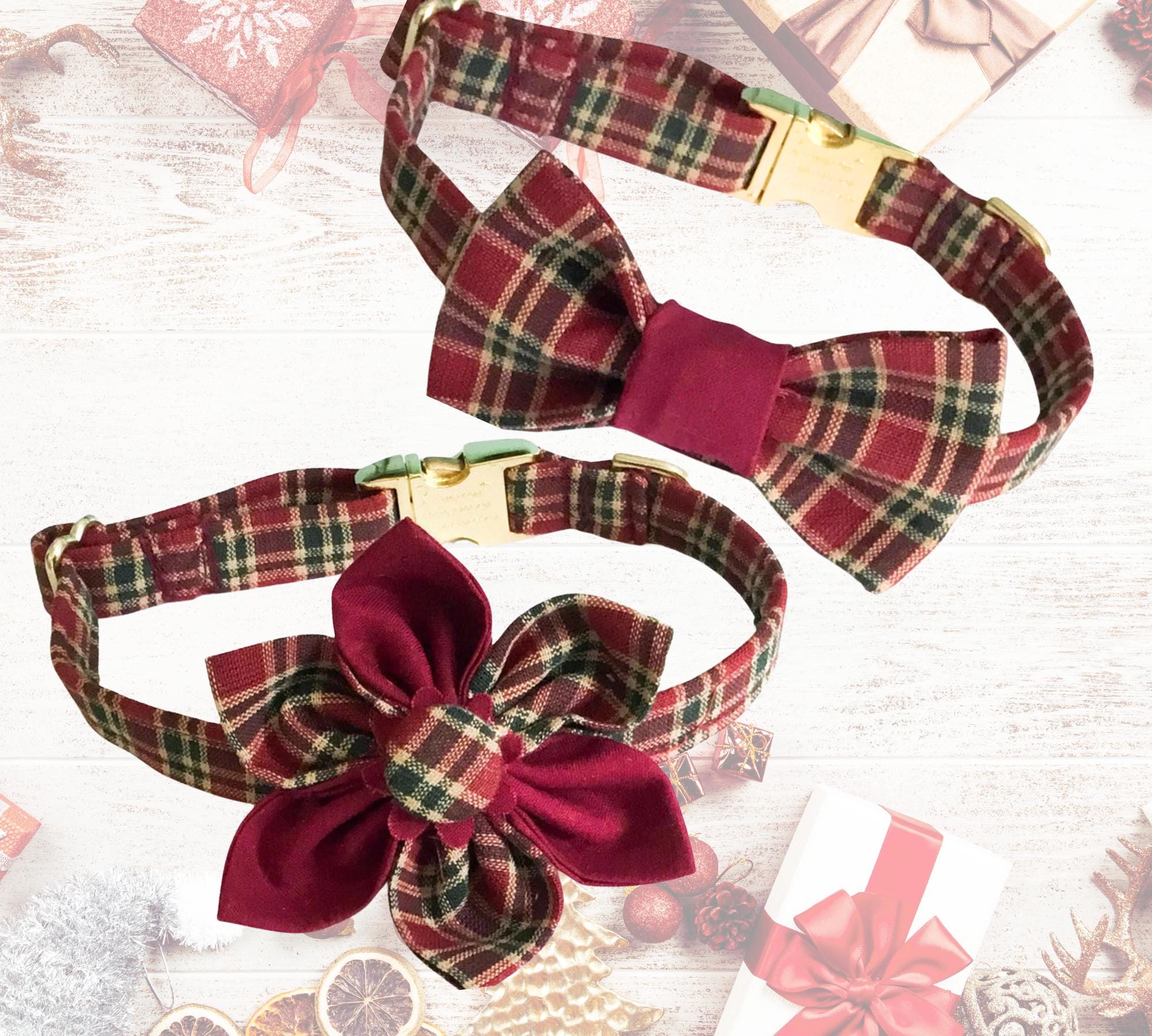 Burgundy Plaid Christmas Collar With Bow - Winter Pet Wear- Customized Upgrades Available Lover Gift