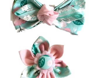 Aqua and Pink Floral Bow for Girl Dog or Cat Collar