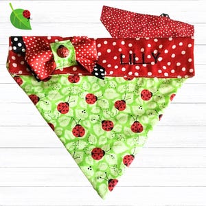 Green Ladybug Personalized Pet Bandana - Slip Over Collar Dog or Cat Scarf- Custom Made