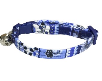 Blue and White Floral Paisley Breakaway Cat Collar with Bell -Matching Flower or Bow tie Option -Buckle Color Option