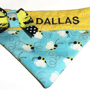 Blue and Yellow Bumble Bee Dog or Cat Bandana with Name Personalization Option // Over the Collar Summer Bandanas //Side Bow