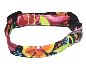 Tropical Floral Collar For Girl Dog Or Cat - Colorful Flowers on Black- Buckled or Martingale - Leash Upgrade