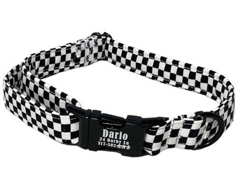 Black and White Checkered Dog Collar with Engraved Buckle - Plastic, Nickel or Gold Personalized Buckle