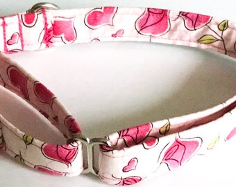 Pink and Green Martingale Dog Collar with Hearts and Tulips / 5 Ft Tulip Leash Upgrade