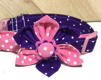 Pink & Purple Polka Dot Flower Collar for Dogs And Cats with Pink Standard Buckle / Martingale Upgrade /Leash Upgrade