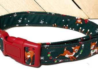 Christmas Reindeer Dog or Cat Collar with Red Buckle & Green Background-  Martingale Option- Winter Collars- Custom Made