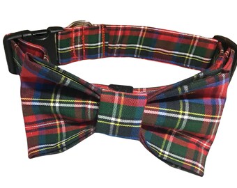 Christmas Tartan Plaid Collar with Bow tie - Male Dog & Cat Christmas Collars- Winter Holiday Collars