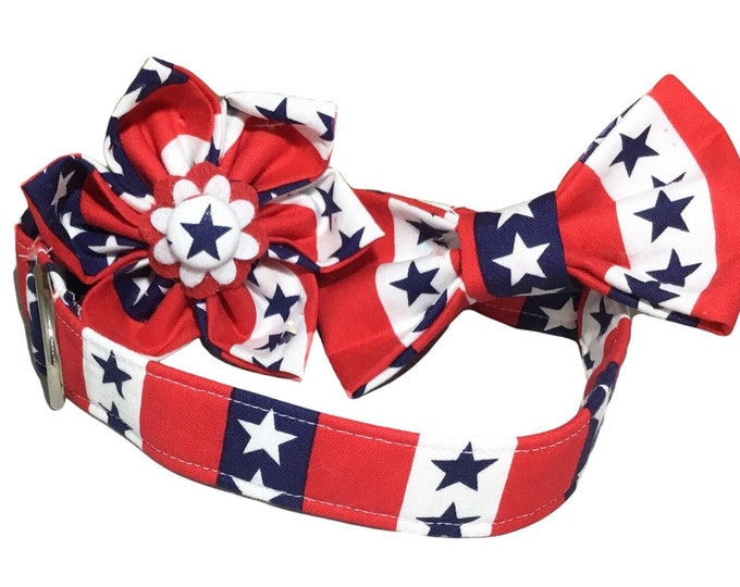 Featured listing image: Patriotic Stars Collar & Bow for Dogs or Cat - Buckled or Slip On Martingale -Blue and White Stars on Red, White, Blue Striped Background
