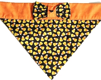 Orange and Black Halloween Candy Corn Bandana with Bow for Dogs or Cats//Over The Collar Halloween Bandana