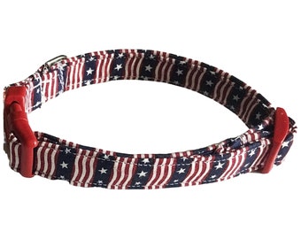 Stars & Stripes Patriotic Dog and Cat Collar -Red, Blue or White Buckle Options  and Metal Buckle Upgrades