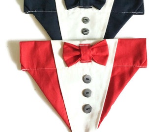 Red or Navy Blue Tuxedo Over the Collar Bandana with Bow Tie or Ribbon Bow for Dogs and Cats /XXS-XL