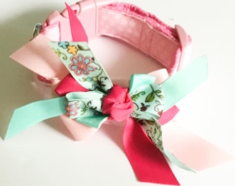 Pink & White Floral Girl Dog and Cat Collar with Matching Bow