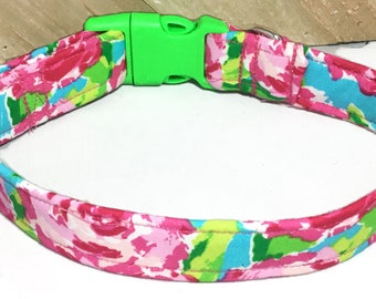 Pink & Green Floral Dog or Cat Collar - Neon Green Buckle for Cats and Dogs or Slip On Martingale Styles