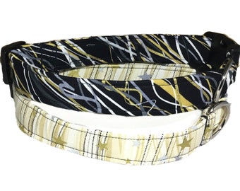 New Years Celebration Dog & Cat Collars with Black Buckle or Slip on Martingale  - Streamers and Stars on Black and Gold Background