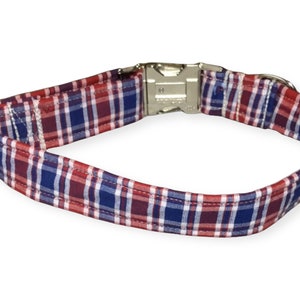 Red White Blue Plaid Engraved Collar for Dogs Plastic or Silver, Gold, Black Metal Engraved Buckles image 2