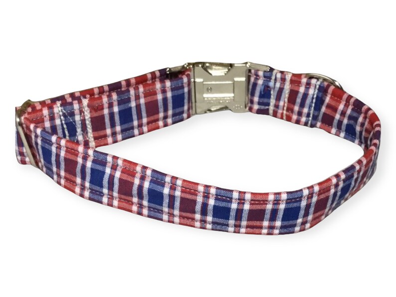 Red White Blue Plaid Engraved Collar for Dogs Plastic or Silver, Gold, Black Metal Engraved Buckles image 2