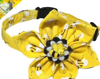 Yellow Bumble Bee Dog & Cat Flower Collar with Black Standard Buckle or Slip On Martingale, Leash Upgrade