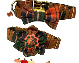 Fall Plaid Thanksgiving  Collar with Bow & Charm for Dog or Cat- Black Plastic Buckle - Metal Buckle Upgrades - Martingale Style Option